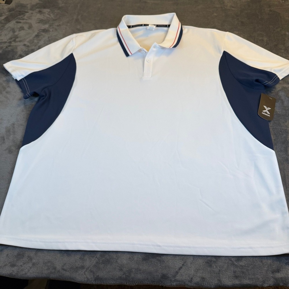 Xersion Lifestyle Pique Color Block Polo Mens XXL White Blue Quick Dri NWT